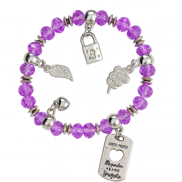 Pulseira Ho'oponopono Pingente Cristal Roxo e Silicone 