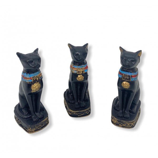 Kit c/ 3 Esculturas Bastets Preto 6,5 cm em Resina 