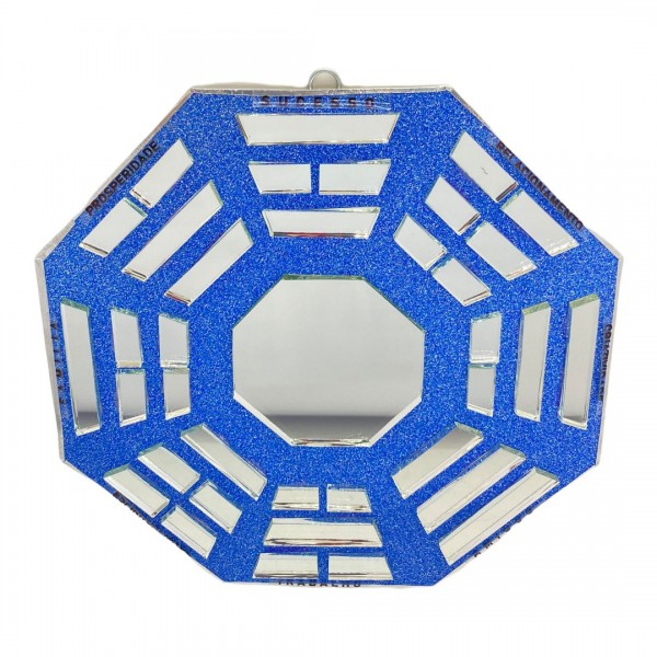 Baguá feng shui de vidro espelhado azulado octogonal 16 cm