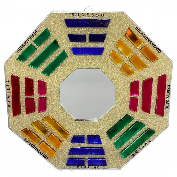 Baguá feng shui de vidro espelhado colorido dourado octogonal 16 cm