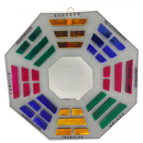 Baguá feng shui de vidro espelhado colorido prateado octogonal 16 cm