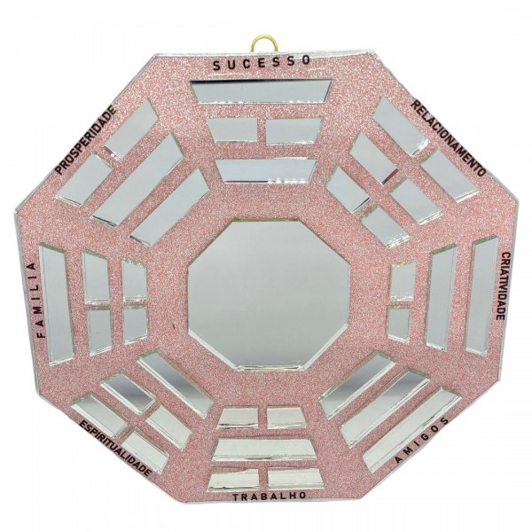 Baguá feng shui de vidro espelhado rosa octogonal 16 cm