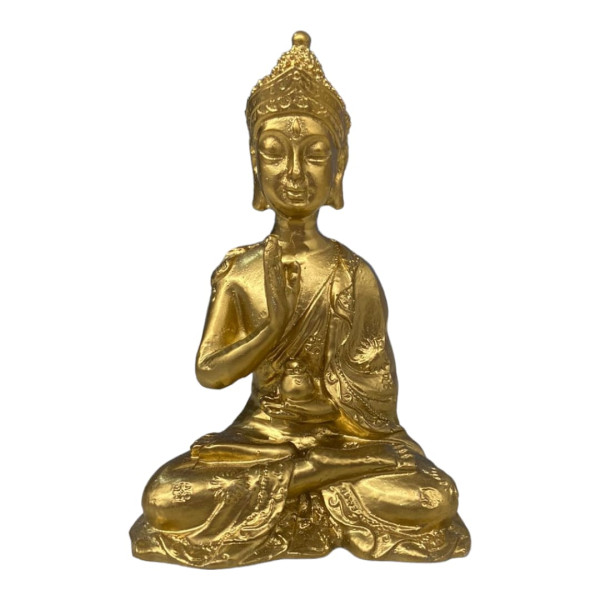 Escultura Buda Tibetano Sentado Meditando 9,5cm Prata e Dourado Resina