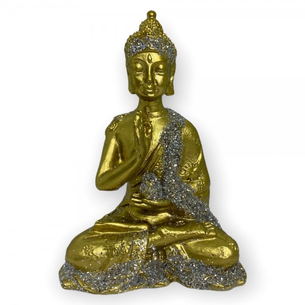 Escultura Buda Tibetano sentado meditando 9 cm prata e dourado em resina 47402