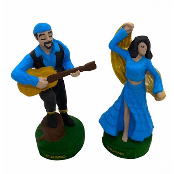 Escultura Imagem Ciganos Casal Azul Claro 11 cm Em Resina