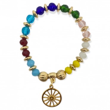 Pulseira Cigana colorida com pingente roda em cristal e silicone douradas