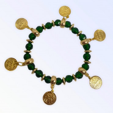 Pulseira Cigana verde Esmeralda cristal e silicone com moedas