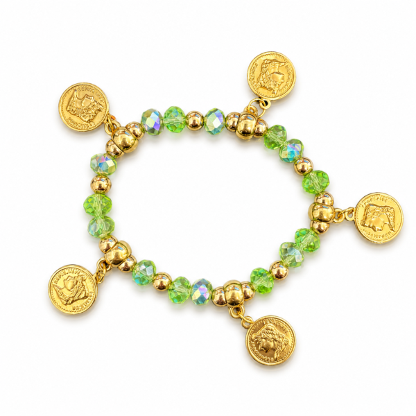 Pulseira Cigana Verde Claro Moedas Cristal e Silicone