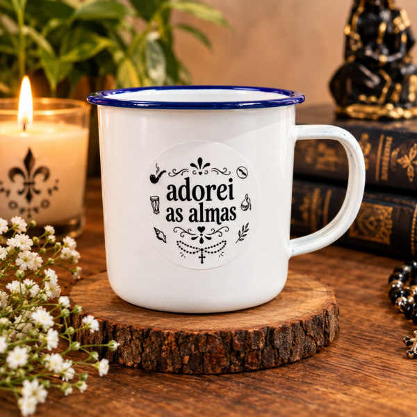 Caneca Ágata Esmaltada Branca Borda Azul com Adesivo 240ml