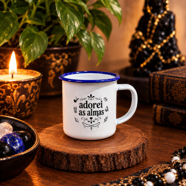 Caneca Ágata Esmaltada Branca Borda Azul C Adesivo Aço 90ml