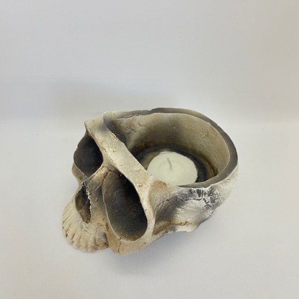 Cranio porta velas 10 cm patinado marfim em resina 47364