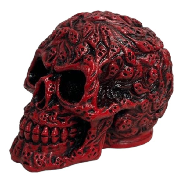 Escultura Crânio Relevos Vermelho em Resina