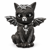 Escultura Gato Negro Místico Wicca Morcego em Resina 8 cm