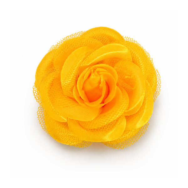 Flor Pomba Gira Cigana Amarela em Cetim e Tule Filo Presilha e Broche 7 cm 2 em 1 