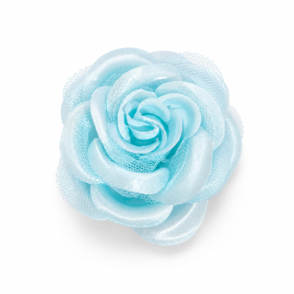 Flor Pomba Gira Cigana Azul C em Cetim e Tule Filo Presilha e Broche 7 cm 2 em 1 