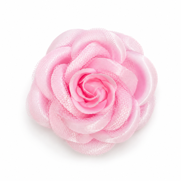 Flor Pomba Gira Cigana Rosa em Cetim e Tule Filo Presilha e Broche 7 cm 2 em 1 
