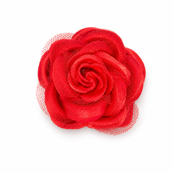 Flor Pomba Gira Cigana Vermelha em Cetim e Tule Filo Presilha e Broche 7 cm 2 em 1 