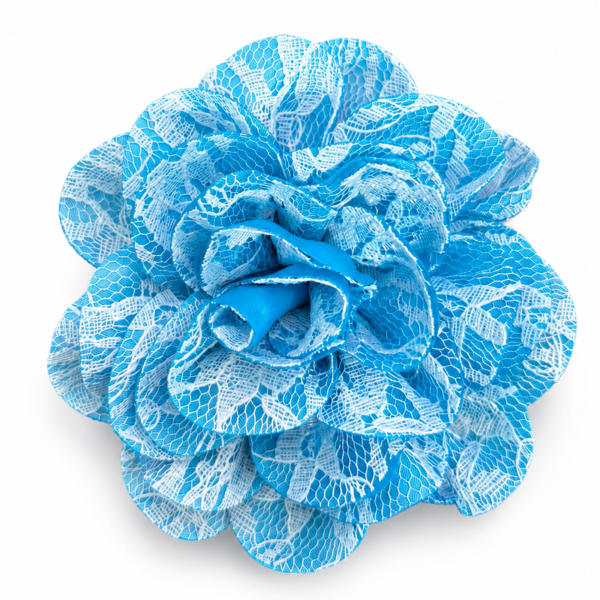 Flor PG Cigana em Cetim e Renda Presilha e Broche 10 cm Modelo:Flor PG Cigana Azul C