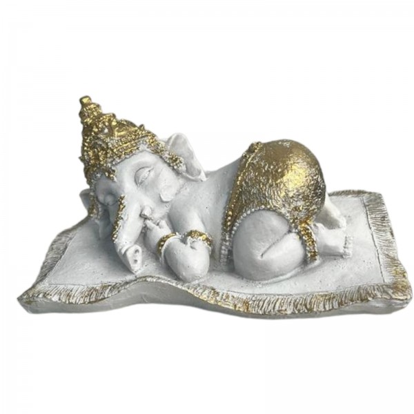 Escultura Ganesh Baby 13 cm Deitado Branco e Dourado em Resina