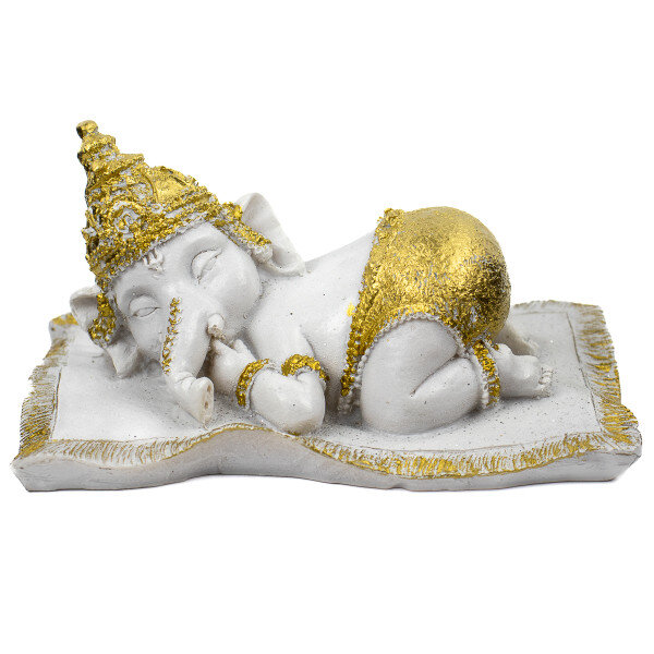 Escultura Ganesh Baby 13 cm Deitado Branco e Dourado em Resina