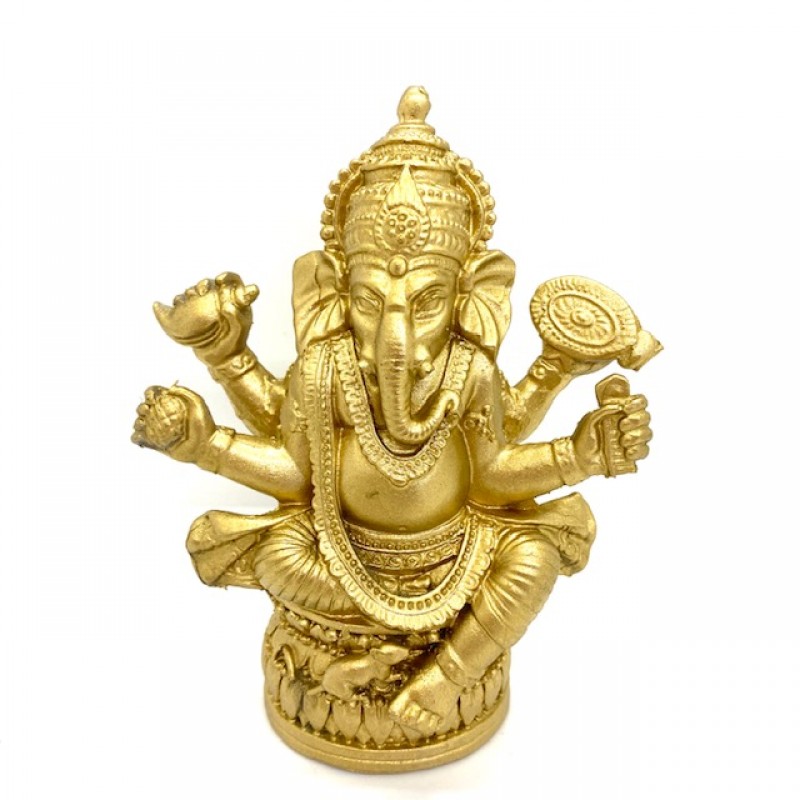 Ganesha 13 cm base redonda em resina dourado - prosperidade e fartura