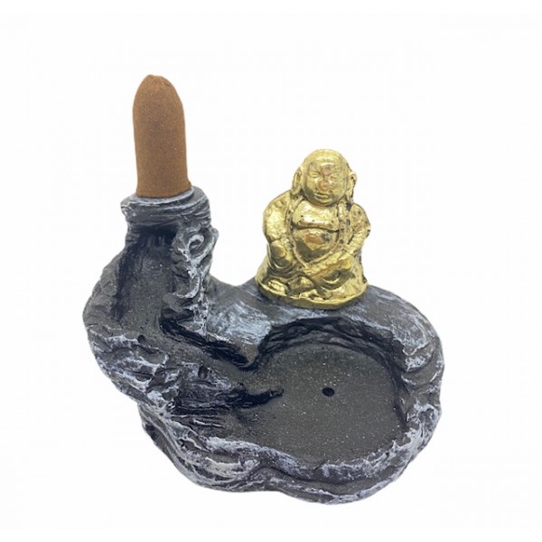 Incensário cascata Buda metal dourado 7 cm em resina