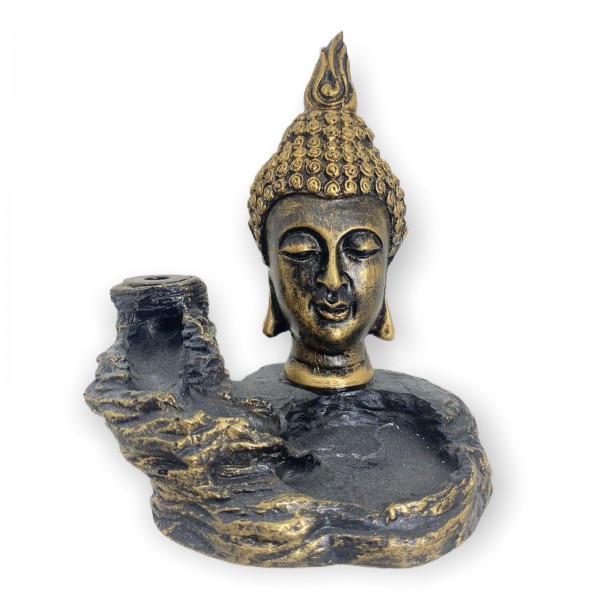 Incensário cascata Cabeça de buda dourado 11 cm em resina - meditação