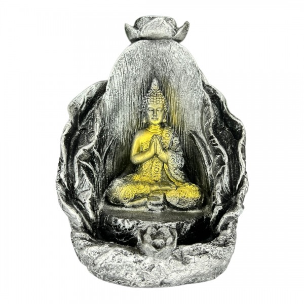 Incensário Cascata Folha Buda Prata 11 cm em resina 