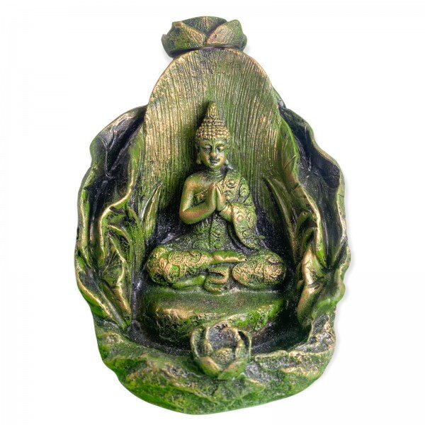 Incensário Cascata Folha Buda Verde 11 cm em Resina