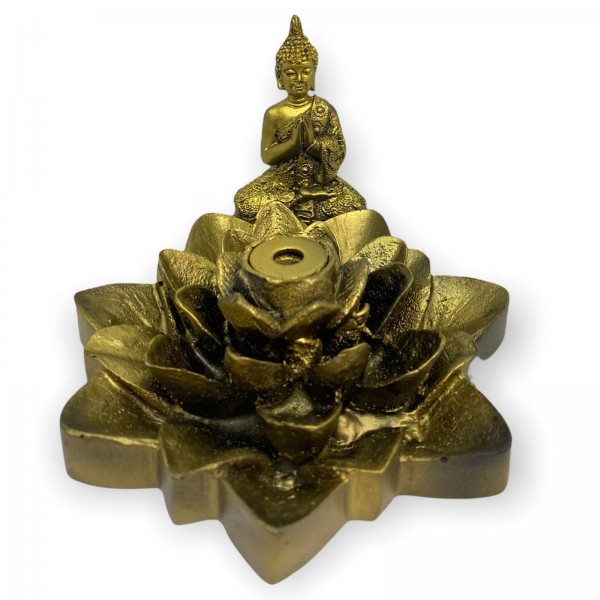 Incensário Cascata Flor de Lotus Pontudo Buda Mini Dourado 6 cm em Resina