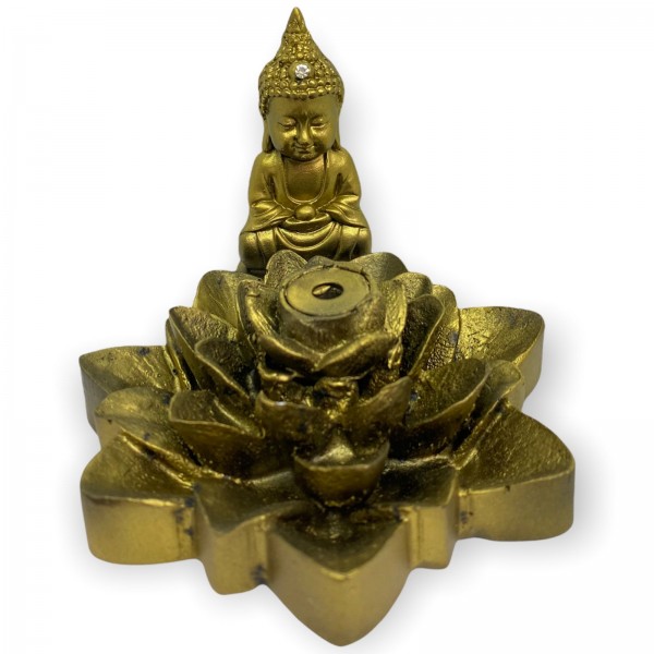 Incensário Cascata Flor de Lotus Pontudo Buda Tibetano Dourado 6 cm Resina
