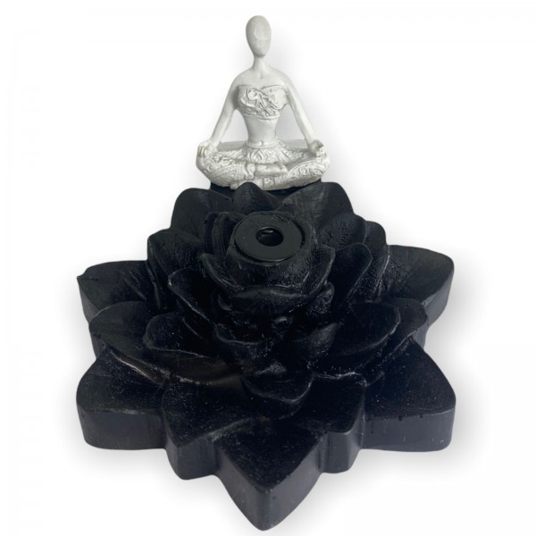 Incensário Cascata Flor de Lotus Pontudo Yoga Branco Preto 6 cm Resina