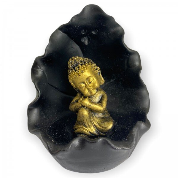 Incensario Cascata Gruta Folha Buda Sonhador Dourado Preto 11 cm Resina