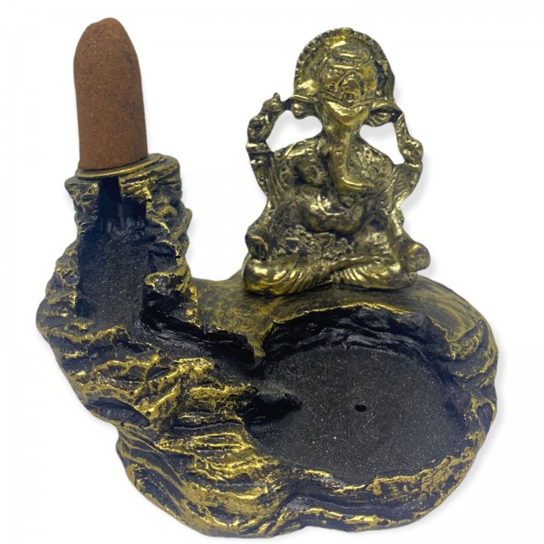 Incensário cascata cinza Ganesh metal dourado 7 cm em resina