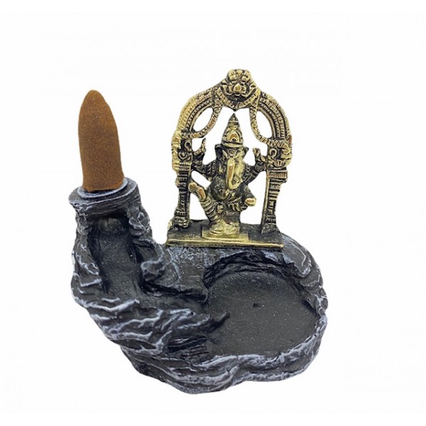 Incensário cascata cinza  Ganesh portal metal dourado 10 cm resina