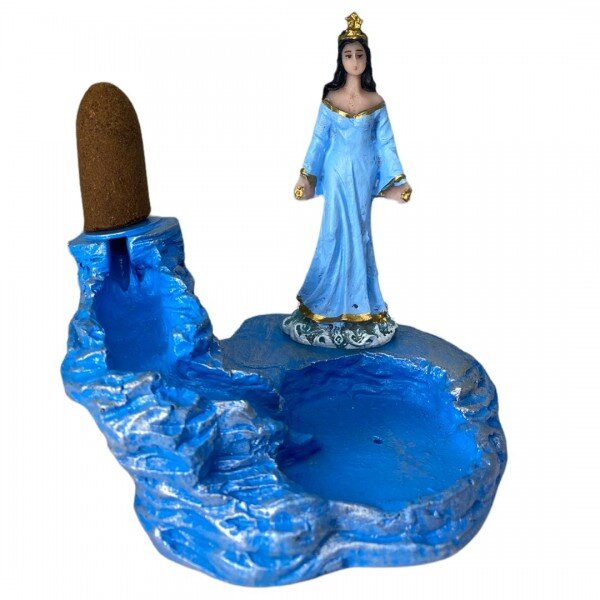 Incensário Cascata Iemanjá Umbanda 12 cm Azul Claro Resina