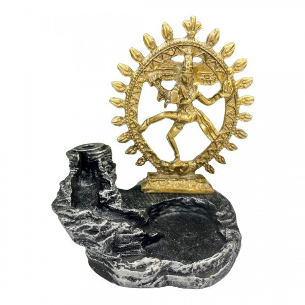 Incensário Cascata Shiva Roda Metal Dourado 11 cm Resina