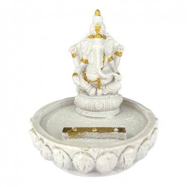 Incensário Ganesh Branco Meditando Flor de Lotus 8 cm Resina