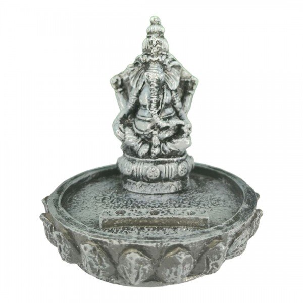 Incensário Ganesh Preto Meditando Flor de Lotus 8 cm Resina