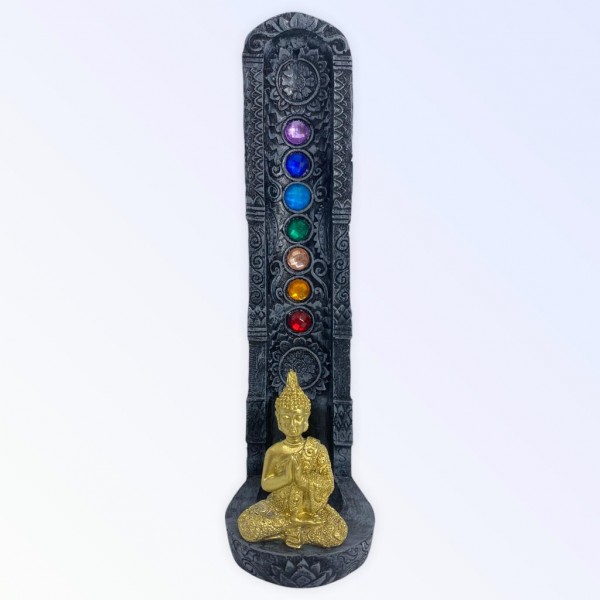 Incensário indiano cinza 7 chakras buda dourado 47161 vertical 22 cm em resina