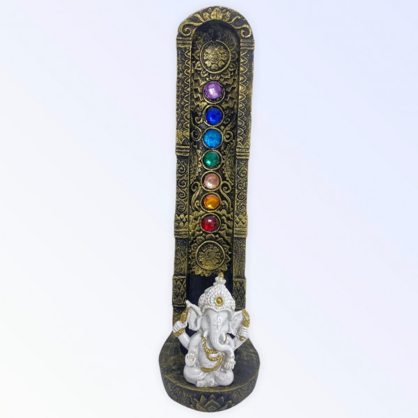 Incensário indiano dourado 7 chakras Ganesh branco 47161 vertical 22 cm em resina