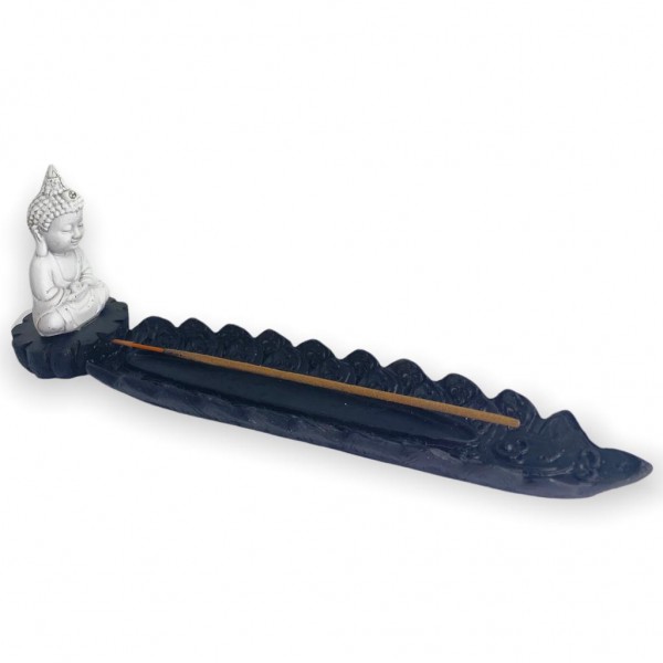 Incensário Régua Buda Tibetano Meditando Branco Preto 27 cm Resina