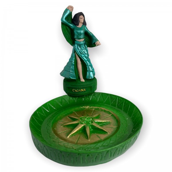 Incensário prato cigana verde Esmeralda 12 cm em resina