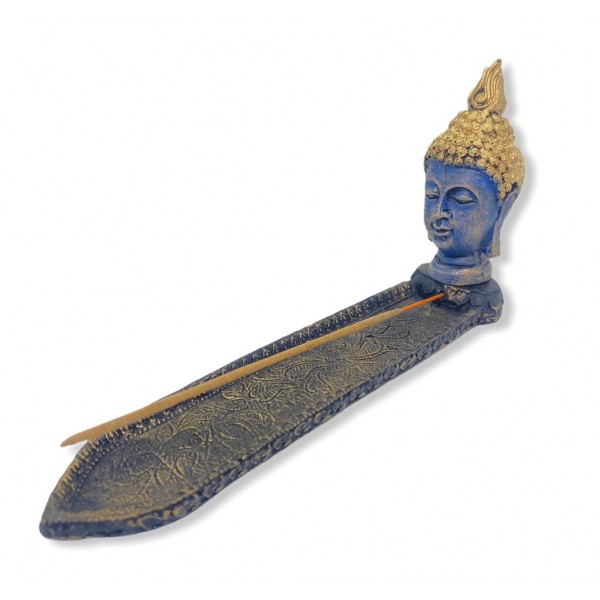Incensário régua Buda cabeça canoa azul patinado 23 cm em resina