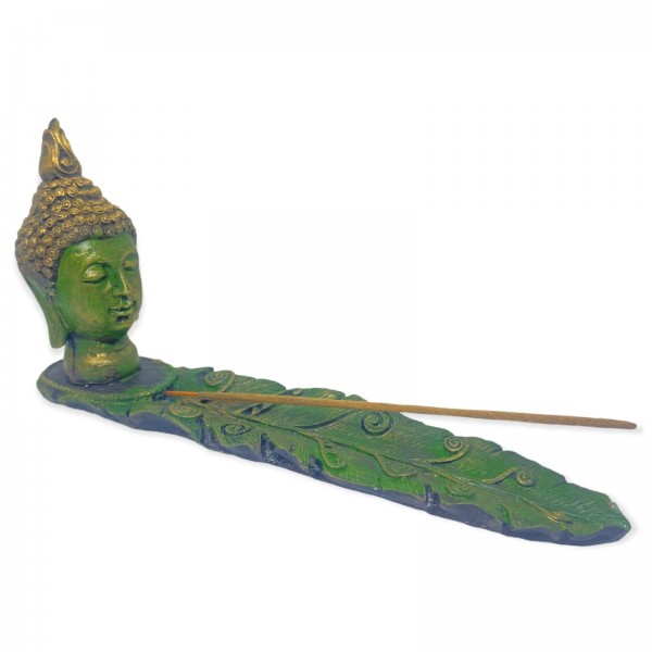 Incensário régua Buda cabeça folha verde 23 cm em resina