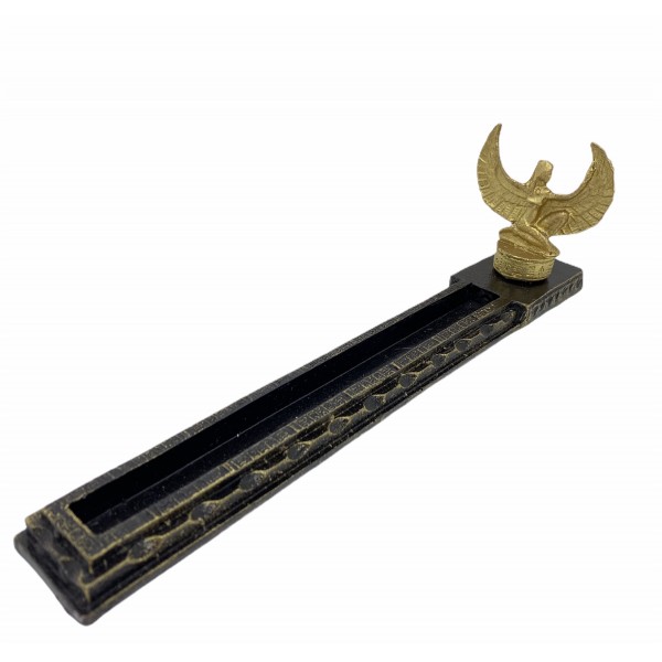 Incensário Régua  Egípcio Isis preto e dourado 26x6,5x8 cm 47-496 em resina