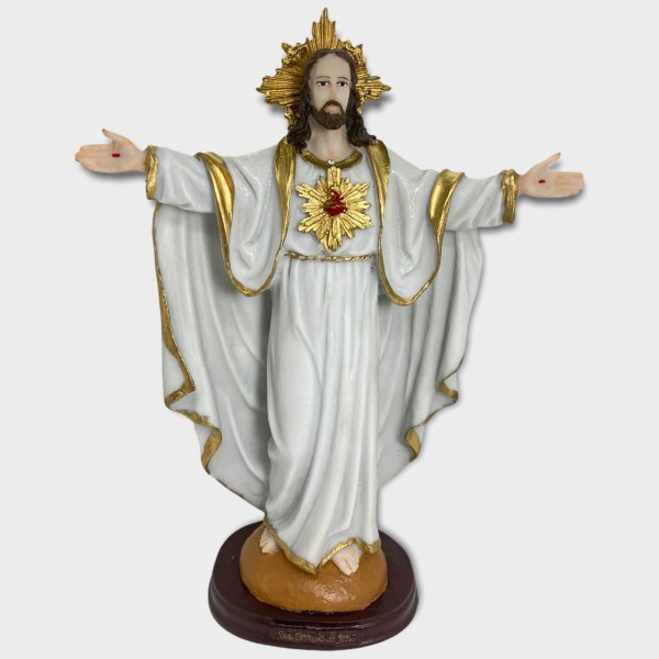 Escultura Jesus Oxalá branco e dourado de braços abertos 30 cm em resina