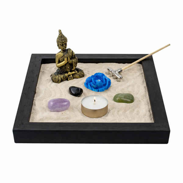 Jardim Zen Completo Buda Feng Shui Madeira Quadrada PT 15 cm