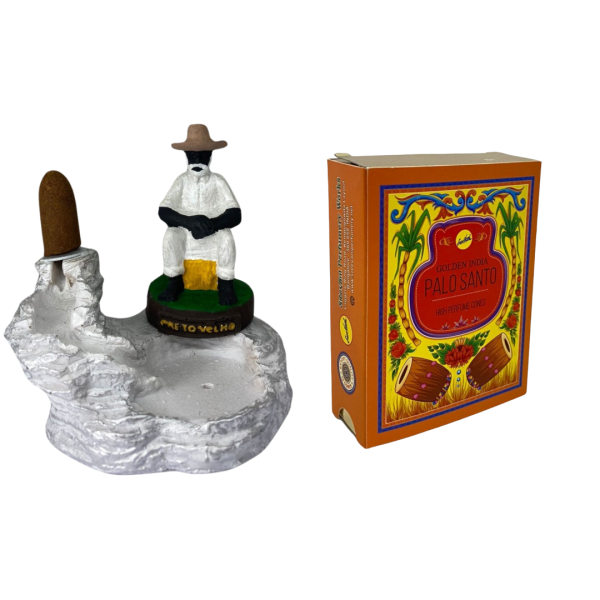 Incensario Cascata Preto Velho 10 cm Resina + 10 Incensos