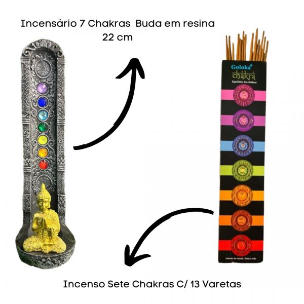 Kit Incenso + Incensário Indiano 7 Chakras Buda 22 Cm Resina